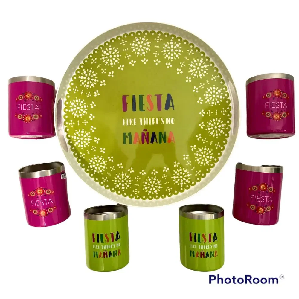 Party Fiesta Round Drink Serving Tray Set with 6 Metal Tumblers NEW